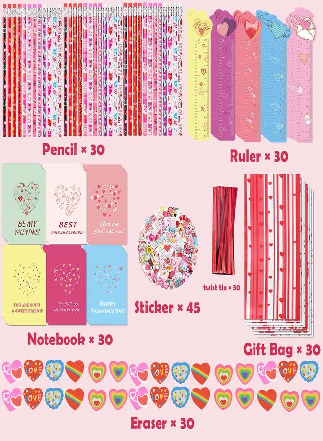 WOONOO 30 Pack Valentines Day Gifts for Kids Classroom Valentines Stationery Set - Valentine Pencils Notepads Rulers Erasers Valentines Treat Bags Party Favors for Kids - Image 2
